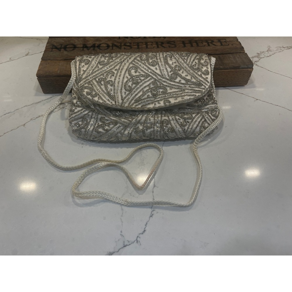 Vintage Beaded Evening Clutch Bag White Satin Silver Sequin READ